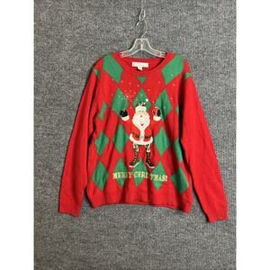 Jolly Sweaters Womens Christmas Sweater Size XL Argyle Santa Claus Red Green